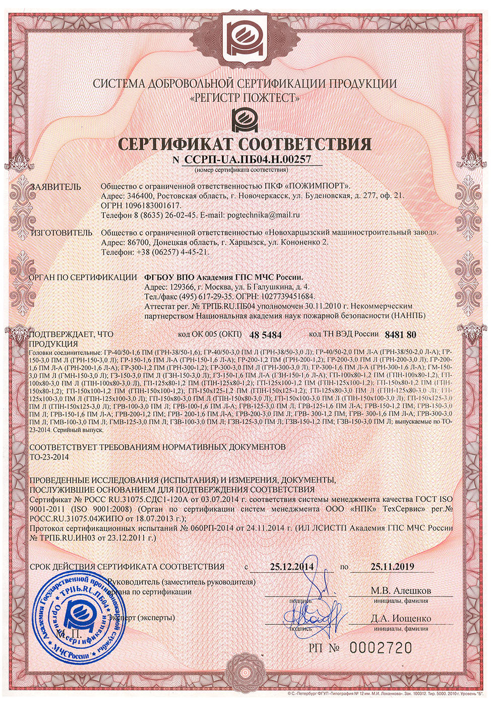 Сертификат на пожарные головки рукавные ГР и ГРВ производство Украина
